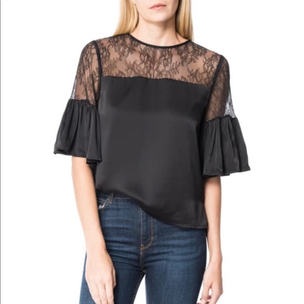 Cami NYC Shayna Belle Sleeve Silk Black Top with lace neckline. Size medium